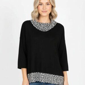 Chico's Black/White Leopard Print Turtleneck Sweater 3/4 Sleeve SZ 2/L